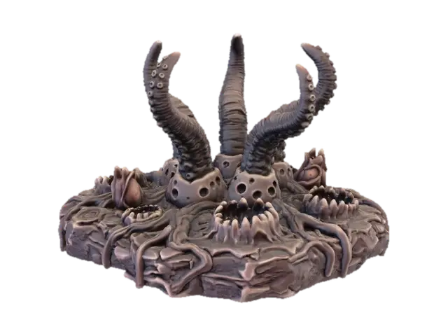 3D model for Create a high-detail 3D printable terrain piece in the style of an eldritch, organic growth bursting from the ground. The model should feature:
	•	irregular organic base covered with stretched, melted, root-like textures and corrupted ground.
	•	No five large tentacles emerging from deep cyst-like openings. Tentacles should be ribbed, curved, muscular, and asymmetrical, with smooth but grotesque surface detail.
	•	Multiple organic pits and orifices, some with tooth-ringed mouths or fleshy protrusions, integrated into the sides of the structure.
	•	A surface texture resembling mutated diseased chitin, with layered organic ridges, cracks
	•	Ensure all details are crisp and printable without thin, unsupported elements.”