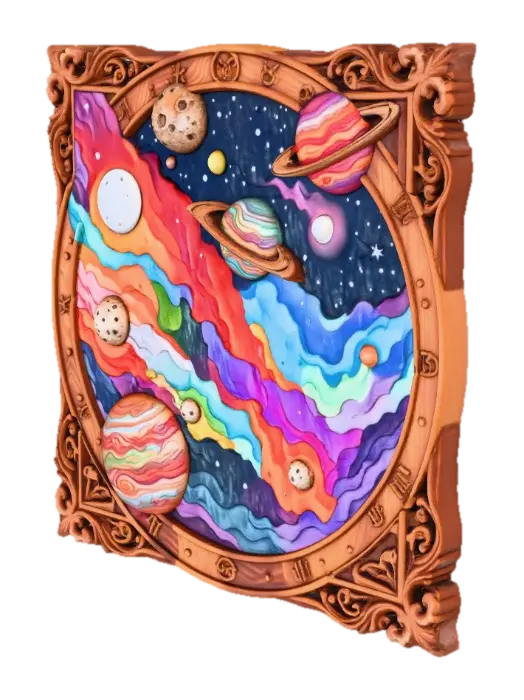 3D model for Hand carved wall motif showing the planets and moons in a fantasy solar system