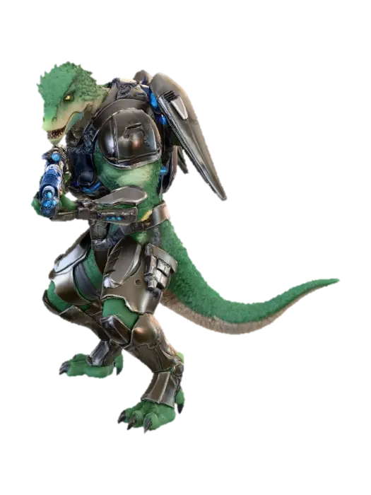 Anthropomorphic Raptor/human hybrid super soldier in battle armor and jet pack… 3D model, vytvořený pomocí AI