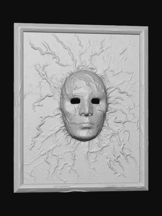 3D model for a textured organic and rotting canvas with stern ghostly face rising out of the metallic/cloth surface. Verdigris in green coats the metallic vestige of a past art... hauntingly its hollow eyes stare with darkness at all viewers.