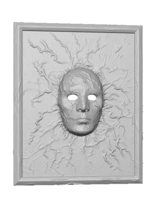 3D model for a textured organic and rotting canvas with stern ghostly face rising out of the metallic/cloth surface. Verdigris in green coats the metallic vestige of a past art... hauntingly its hollow eyes stare with darkness at all viewers.