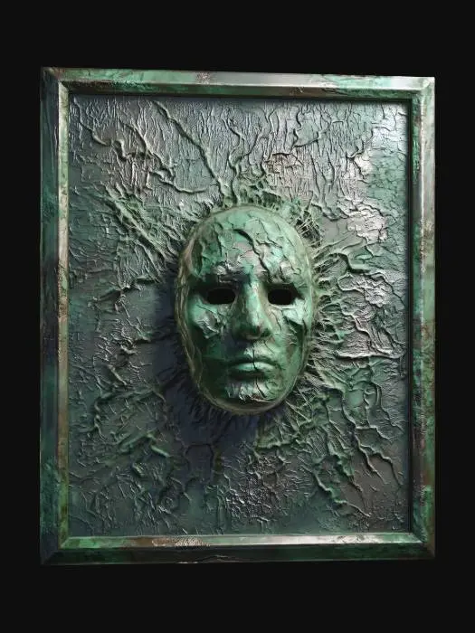 3D model for a textured organic and rotting canvas with stern ghostly face rising out of the metallic/cloth surface. Verdigris in green coats the metallic vestige of a past art... hauntingly its hollow eyes stare with darkness at all viewers.