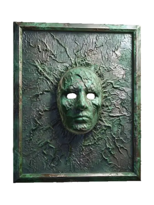 3D model for a textured organic and rotting canvas with stern ghostly face rising out of the metallic/cloth surface. Verdigris in green coats the metallic vestige of a past art... hauntingly its hollow eyes stare with darkness at all viewers.