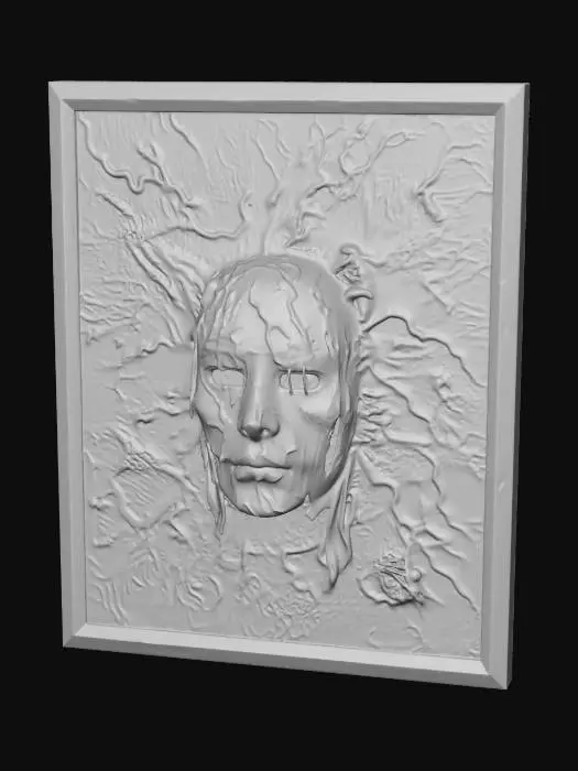 3D model for a textured organic and rotting canvas with stern ghostly face rising out of the metallic/cloth surface. Verdigris in green coats the metallic vestige of a past art... hauntingly its hollow eyes stare with darkness at all viewers.