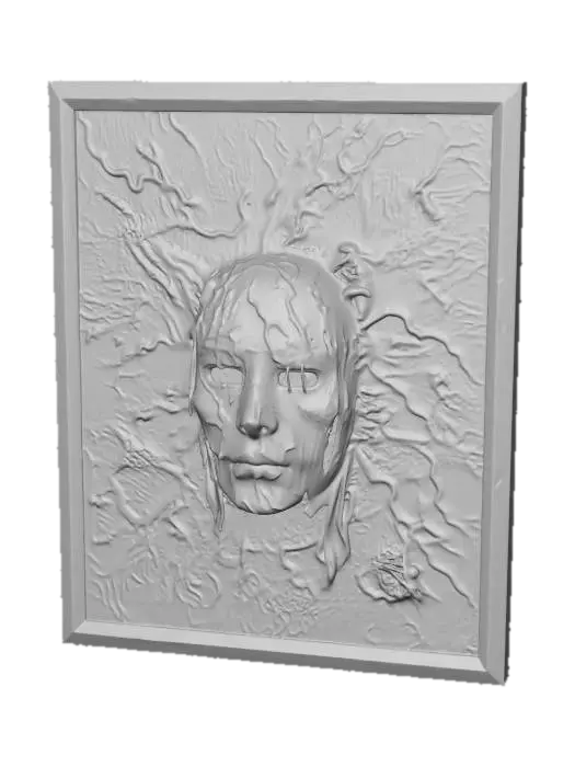 3D model for a textured organic and rotting canvas with stern ghostly face rising out of the metallic/cloth surface. Verdigris in green coats the metallic vestige of a past art... hauntingly its hollow eyes stare with darkness at all viewers.