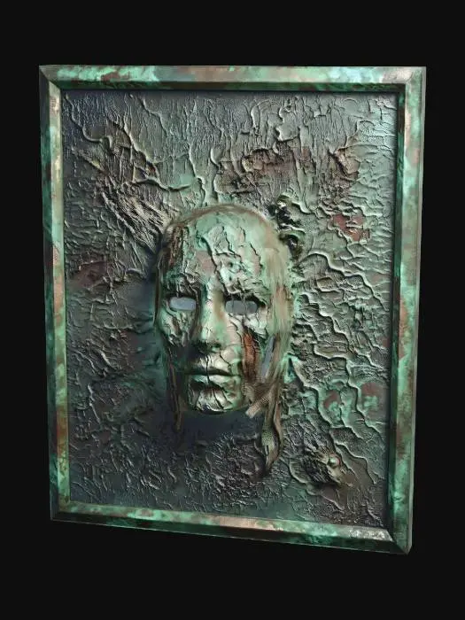 3D model for a textured organic and rotting canvas with stern ghostly face rising out of the metallic/cloth surface. Verdigris in green coats the metallic vestige of a past art... hauntingly its hollow eyes stare with darkness at all viewers.
