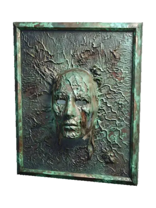 3D model for a textured organic and rotting canvas with stern ghostly face rising out of the metallic/cloth surface. Verdigris in green coats the metallic vestige of a past art... hauntingly its hollow eyes stare with darkness at all viewers.
