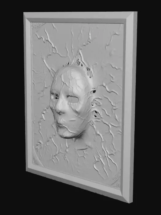 3D model for a textured organic and rotting canvas with stern ghostly face rising out of the metallic/cloth surface. Verdigris in green coats the metallic vestige of a past art... hauntingly its hollow eyes stare with darkness at all viewers.