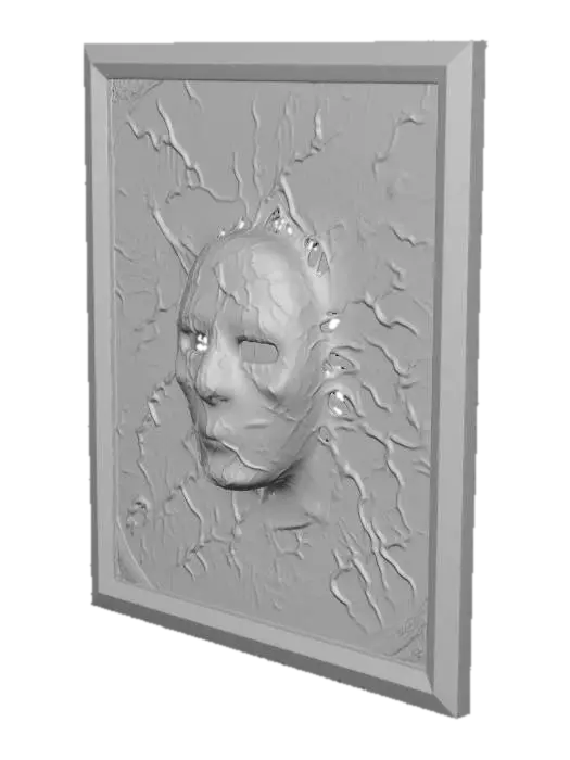 3D model for a textured organic and rotting canvas with stern ghostly face rising out of the metallic/cloth surface. Verdigris in green coats the metallic vestige of a past art... hauntingly its hollow eyes stare with darkness at all viewers.