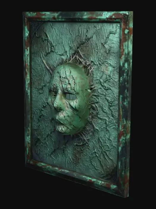 3D model for a textured organic and rotting canvas with stern ghostly face rising out of the metallic/cloth surface. Verdigris in green coats the metallic vestige of a past art... hauntingly its hollow eyes stare with darkness at all viewers.