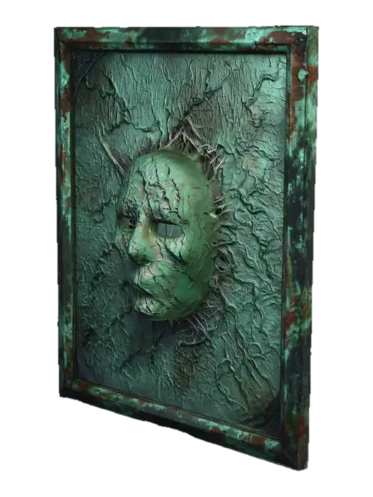 3D model for a textured organic and rotting canvas with stern ghostly face rising out of the metallic/cloth surface. Verdigris in green coats the metallic vestige of a past art... hauntingly its hollow eyes stare with darkness at all viewers.