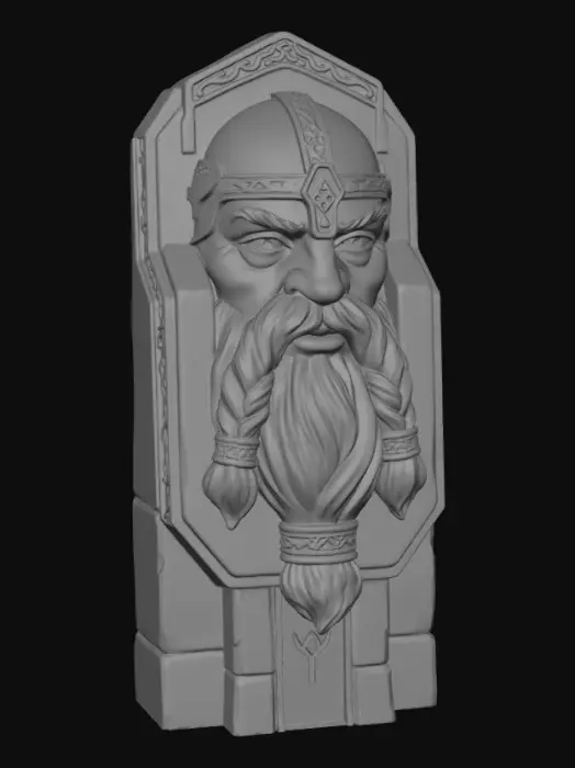 3D model for ornate dwarven bridge with the faces of the old fathers carved into the sides and great stone hands holding up the platforms of the bridge, hung from the cieling with great metal chains to hang over the molten abyss of the under caverns.