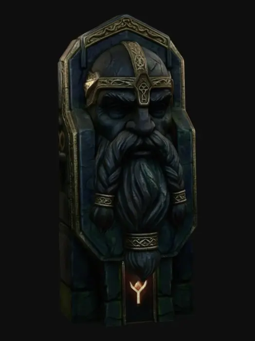 3D model for ornate dwarven bridge with the faces of the old fathers carved into the sides and great stone hands holding up the platforms of the bridge, hung from the cieling with great metal chains to hang over the molten abyss of the under caverns.