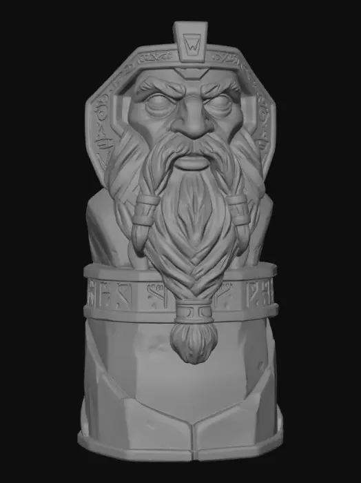 3D model for ornate dwarven bridge with the faces of the old fathers carved into the sides and great stone hands holding up the platforms of the bridge, hung from the cieling with great metal chains to hang over the molten abyss of the under caverns.