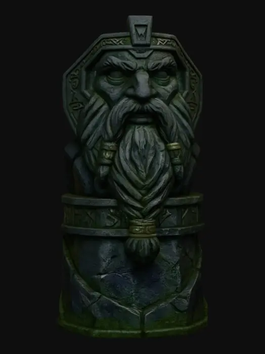 3D model for ornate dwarven bridge with the faces of the old fathers carved into the sides and great stone hands holding up the platforms of the bridge, hung from the cieling with great metal chains to hang over the molten abyss of the under caverns.