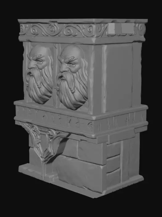 3D model for ornate dwarven bridge with the faces of the old fathers carved into the sides and great stone hands holding up the platforms of the bridge, hung from the cieling with great metal chains to hang over the molten abyss of the under caverns.