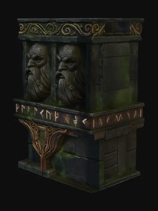 3D model for ornate dwarven bridge with the faces of the old fathers carved into the sides and great stone hands holding up the platforms of the bridge, hung from the cieling with great metal chains to hang over the molten abyss of the under caverns.