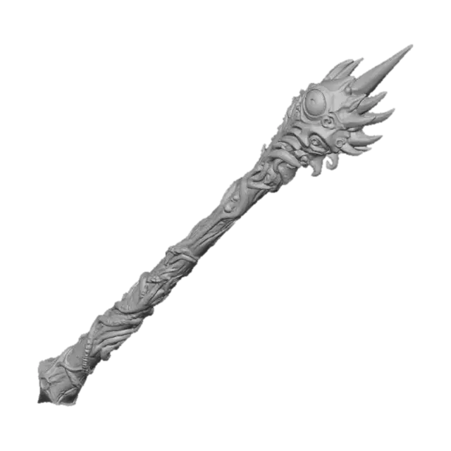 3D model for hand carved eldritch wand, 16 inches with eyes and tentacles worked and carved into the entire length, but starting at a one eyed "head" with a spiked crown jutting from the end of the pommel. The eyes seem alive and to glow.