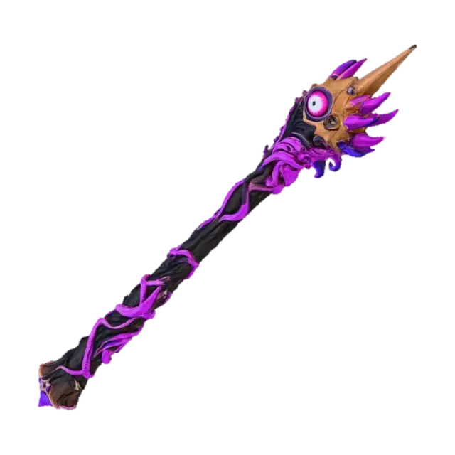 3D model for hand carved eldritch wand, 16 inches with eyes and tentacles worked and carved into the entire length, but starting at a one eyed "head" with a spiked crown jutting from the end of the pommel. The eyes seem alive and to glow.