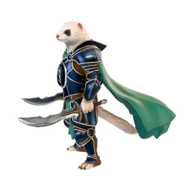 Anthropomorphic heroic White Ferret in golden whites and dark brown furs, Paladin in… 3D model, vytvořený pomocí AI