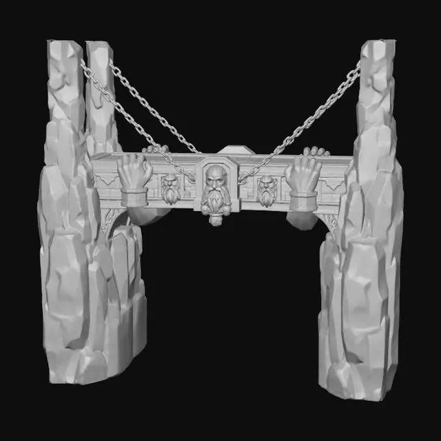 3D model for ornate dwarven bridge with the faces of the old fathers carved into the sides and great stone hands holding up the platforms of the bridge, hung from the cieling with great metal chains to hang over the molten abyss of the under caverns.