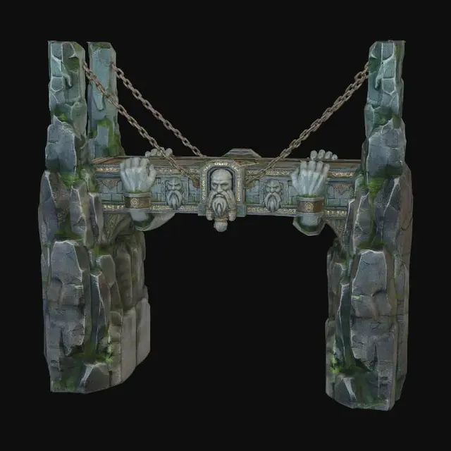 3D model for ornate dwarven bridge with the faces of the old fathers carved into the sides and great stone hands holding up the platforms of the bridge, hung from the cieling with great metal chains to hang over the molten abyss of the under caverns.
