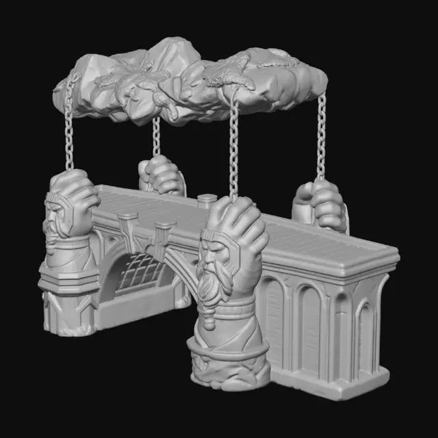 3D model for ornate dwarven bridge with the faces of the old fathers carved into the sides and great stone hands holding up the platforms of the bridge, hung from the cieling with great metal chains to hang over the molten abyss of the under caverns.