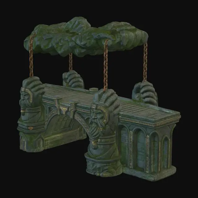 3D model for ornate dwarven bridge with the faces of the old fathers carved into the sides and great stone hands holding up the platforms of the bridge, hung from the cieling with great metal chains to hang over the molten abyss of the under caverns.