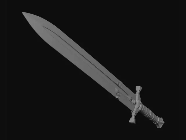 3D model for 3D weapon prop reference, dark fantasy greatsword only, orthographic side view, perfectly straight heavy blade aligned on one horizontal centerline. Approx 150 cm total length: 115 cm blackened steel blade, 10 cm wide near guard, thick central ridge, even taper, chipped edges. No bend, no curve, no twist, no warped metal. Wide 32 cm spiked crossguard, 28 cm two-handed leather grip, heavy iron pommel. Semi-realistic PBR, scratched dark steel, worn leather, grime, clean powerful silhouette, no hands, no character, plain gray background.