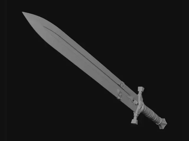 3D model for 3D weapon prop reference, dark fantasy greatsword only, orthographic side view, perfectly straight heavy blade aligned on one horizontal centerline. Approx 150 cm total length: 115 cm blackened steel blade, 10 cm wide near guard, thick central ridge, even taper, chipped edges. No bend, no curve, no twist, no warped metal. Wide 32 cm spiked crossguard, 28 cm two-handed leather grip, heavy iron pommel. Semi-realistic PBR, scratched dark steel, worn leather, grime, clean powerful silhouette, no hands, no character, plain gray background.