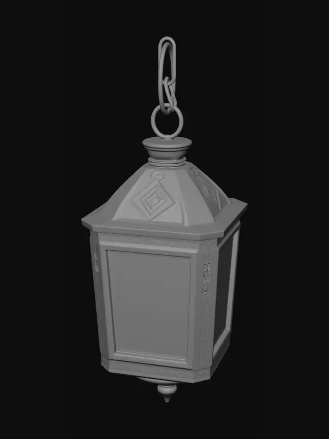 3D model for 3D prop modeling reference, stylized fantasy lantern, centered view. Thick hexagonal bronze metal frame with beveled edges, small rivets, engraved runes, angular ornaments, and top hanging ring. Warm candle inside glowing through amber glass panels with subtle cracks and smoky stains. Semi-realistic PBR, aged bronze, transparent glass, melted wax, warm light, clean silhouette, no hands, plain gray background, Meshy reference.