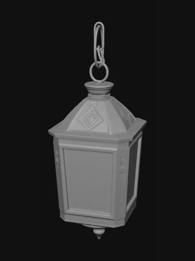 3D model for 3D prop modeling reference, stylized fantasy lantern, centered view. Thick hexagonal bronze metal frame with beveled edges, small rivets, engraved runes, angular ornaments, and top hanging ring. Warm candle inside glowing through amber glass panels with subtle cracks and smoky stains. Semi-realistic PBR, aged bronze, transparent glass, melted wax, warm light, clean silhouette, no hands, plain gray background, Meshy reference.