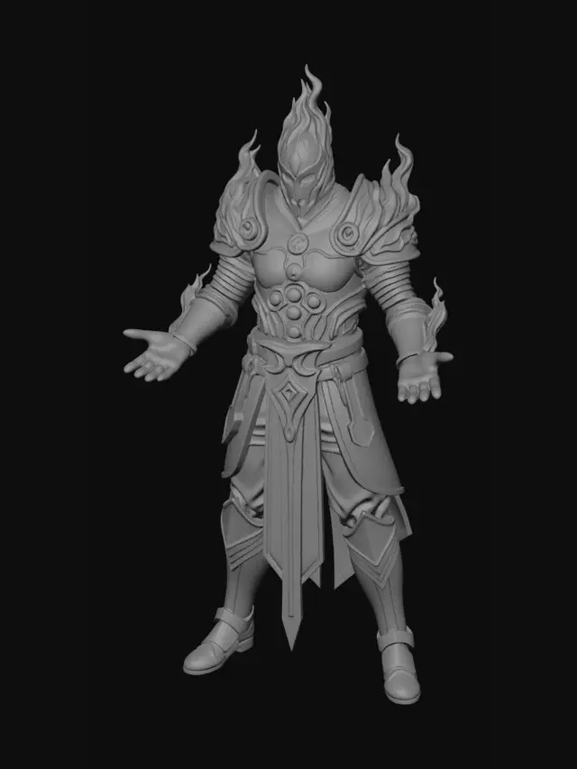 3D model for Full-body 3D anime-style flame swordsman in strict A-pose, arms 45 degrees down, open empty hands, fingers separated, legs shoulder-width. Approx 175 cm tall, slim athletic build, stylized anime proportions, sharp face, large focused eyes, spiky black hair with red tips, calm determined expression. Wears black-red jacket armor, leather belts, arm guards, dark pants, knee guards, boots, empty sword sheath on back. No held items, no weapons in hands. Clean silhouette, cloth, leather, light metal, red accents, plain gray background, Meshy reference.