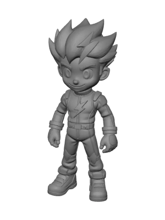 3D model for A stylized 3D cartoon racing character named Spark, full body, neutral A-pose, arms slightly away from the body, feet shoulder-width apart. Young male with light tan skin, large brown eyes, thick black eyebrows, confident smile, and spiky black hair with one bold yellow lightning bolt streak. Wearing a black racing suit with yellow panels, white side stripes, a yellow lightning bolt on the chest, black gloves with yellow lightning logos, black utility belt, and black racing boots with yellow accents and white soles. Pixar-inspired, smooth glossy materials, game-ready, orthographic camera, gray studio background, centered, single character, no text, no logos, no props, consistent proportions.