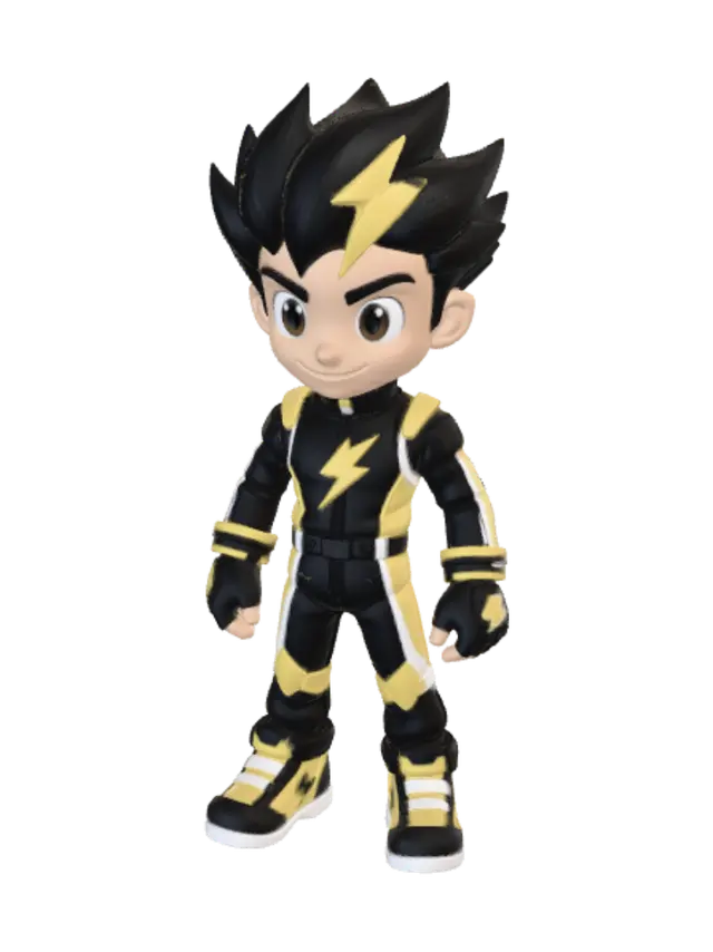 3D model for A stylized 3D cartoon racing character named Spark, full body, neutral A-pose, arms slightly away from the body, feet shoulder-width apart. Young male with light tan skin, large brown eyes, thick black eyebrows, confident smile, and spiky black hair with one bold yellow lightning bolt streak. Wearing a black racing suit with yellow panels, white side stripes, a yellow lightning bolt on the chest, black gloves with yellow lightning logos, black utility belt, and black racing boots with yellow accents and white soles. Pixar-inspired, smooth glossy materials, game-ready, orthographic camera, gray studio background, centered, single character, no text, no logos, no props, consistent proportions.
