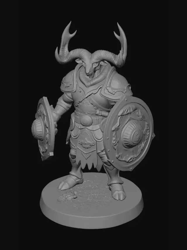 3D model for Stylized semi-realistic 3D computer board game miniature of the Stonehorn Guardian from the Nature Covenant Faction. Designed as a physically manufacturable tabletop figure with clean geometry, moderate detail, optimized for unity game development. Stable pose suitable for 3D modeling and 3D printing. Premium painted board game miniature aesthetic, isolated render, transparent background, ABSOLUTELY NO BASE PLATE, NO support stand, NO environment, ONLY the figure. Subtle stone-gray and green faction accents. Massive guardian with stone armor plating, antler crown, bark-covered shield, and rooted legs inspired by ancient forest spirits. Monumental defensive silhouette with simplified organic geometry optimized for collectible tabletop production. Realistic materials, simplified topology.