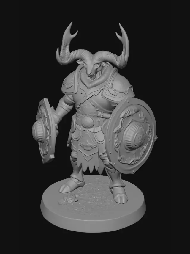 3D model for Stylized semi-realistic 3D computer board game miniature of the Stonehorn Guardian from the Nature Covenant Faction. Designed as a physically manufacturable tabletop figure with clean geometry, moderate detail, optimized for unity game development. Stable pose suitable for 3D modeling and 3D printing. Premium painted board game miniature aesthetic, isolated render, transparent background, ABSOLUTELY NO BASE PLATE, NO support stand, NO environment, ONLY the figure. Subtle stone-gray and green faction accents. Massive guardian with stone armor plating, antler crown, bark-covered shield, and rooted legs inspired by ancient forest spirits. Monumental defensive silhouette with simplified organic geometry optimized for collectible tabletop production. Realistic materials, simplified topology.