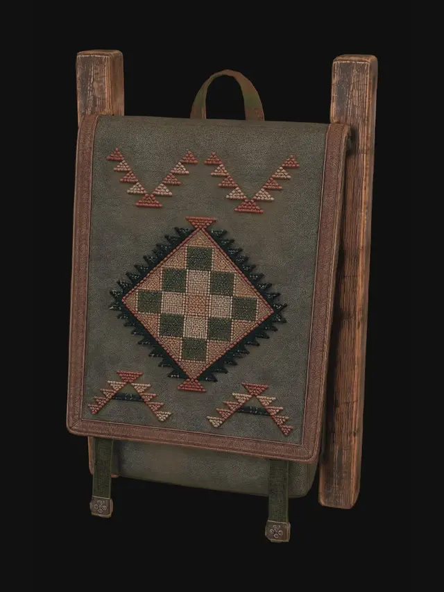 3D model for Leather-Trimmed Olive-Green Cushion on Rustic Wooden Frame