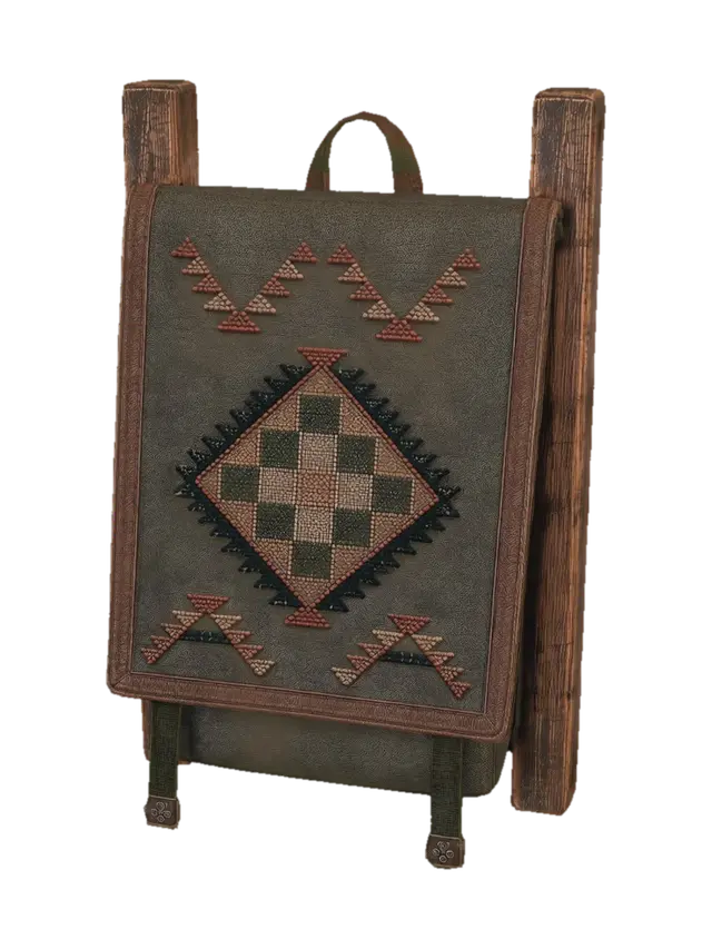3D model for Leather-Trimmed Olive-Green Cushion on Rustic Wooden Frame