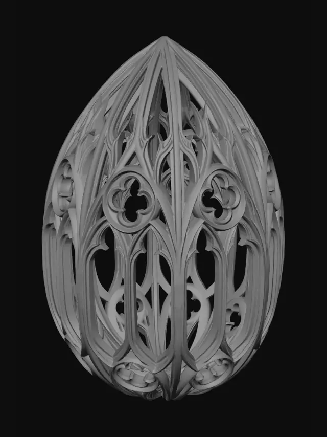 3D model for jajko zwężające się u góry, ażurowa konstrukcja pusta w środku, symetryczne pionowe  gotyckie wzory o trójkątnym przekroju wzór z gotyckich okien
