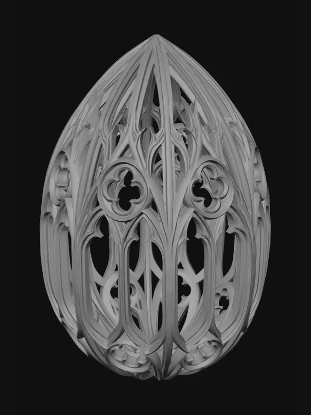 3D model for jajko zwężające się u góry, ażurowa konstrukcja pusta w środku, symetryczne pionowe  gotyckie wzory o trójkątnym przekroju wzór z gotyckich okien