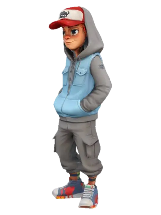 Subway Surfers character, male, with a grey hoodie, light blue vest, and red cap.… 3D model, vytvořený pomocí AI