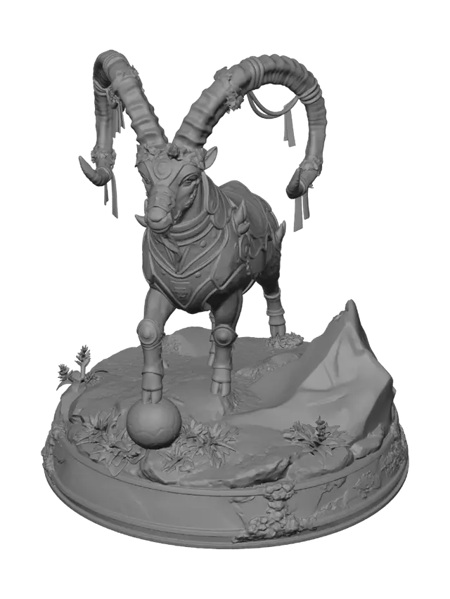 3D model for The Alpine Ibex Guardian of Switzerland, colossal Swiss mountain ibex with enormous curved horns, standing proudly atop a rocky alpine peak, majestic Matterhorn mountain clearly visible behind the creature, decorated with Swiss red and white ornaments, ancient alpine armor engraved with Swiss crosses, glowing crystal details, edelweiss flowers and alpine vegetation around the base, golden football resting beside its hooves, premium collectible statue, pedestal engraved "SWITZERLAND", fantasy national emblem, ultra realistic, cinematic lighting, masterpiece, highly detailed, 8k