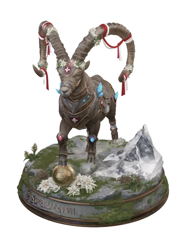 3D model for The Alpine Ibex Guardian of Switzerland, colossal Swiss mountain ibex with enormous curved horns, standing proudly atop a rocky alpine peak, majestic Matterhorn mountain clearly visible behind the creature, decorated with Swiss red and white ornaments, ancient alpine armor engraved with Swiss crosses, glowing crystal details, edelweiss flowers and alpine vegetation around the base, golden football resting beside its hooves, premium collectible statue, pedestal engraved "SWITZERLAND", fantasy national emblem, ultra realistic, cinematic lighting, masterpiece, highly detailed, 8k