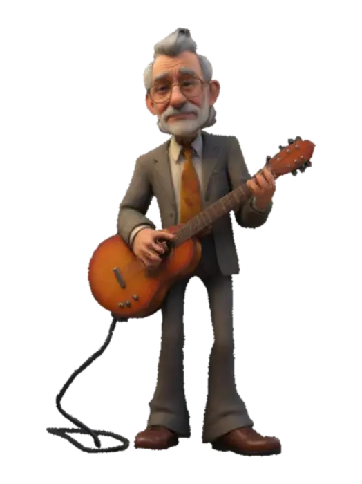 Cartoon style, Ultra-realistic, Old music proffesioner in his fifties, Late 1970's… - 1970s 3D model, vytvořený pomocí AI