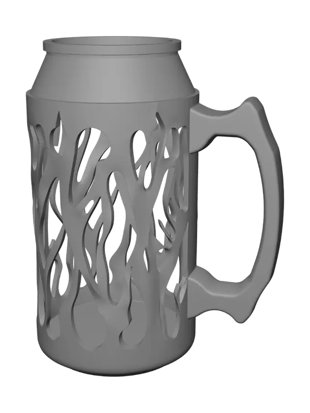 3D model for A 3D printable beer mug can holder with a hollow skeletal cutout design. The body consists of open-work hot rod flames carved out so the inner can is highly visible from both sides. One single thick wrench-shaped handle. Minimal material usage, see-through frame, clean 3D printable geometry.