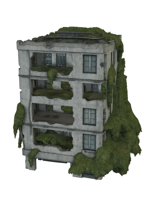 create me a post apacalyptic building lets say 5 floors high kinda collapsed and… - Overgrowth 3D model, vytvořený pomocí AI