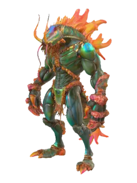 3D model for A muscular humanoid mantis shrimp warrior stands in an aggressive stance, its vibrant iridescent exoskeleton shimmering with oceanic hues. Predatory glowing eyes convey focus. Its armor is sleek yet jagged, crafted from barnacle-encrusted metal and shell fragments, designed for speed and crushing strikes, giving it a hard, rough, and encrusted tactile quality. It wields a pair of one-handed hammers, each sculpted from amber coral and faintly glowing with undersea energy, ready to unleash devastating blows., #PBR#