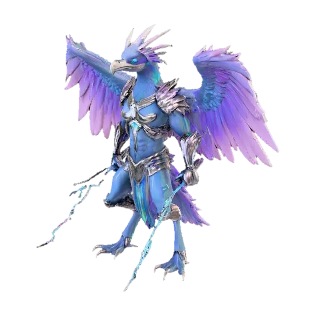 An agile anthropomorphic Archaeopteryx warrior, with a sleek humanoid form,… - Predatory 3D model, vytvořený pomocí AI