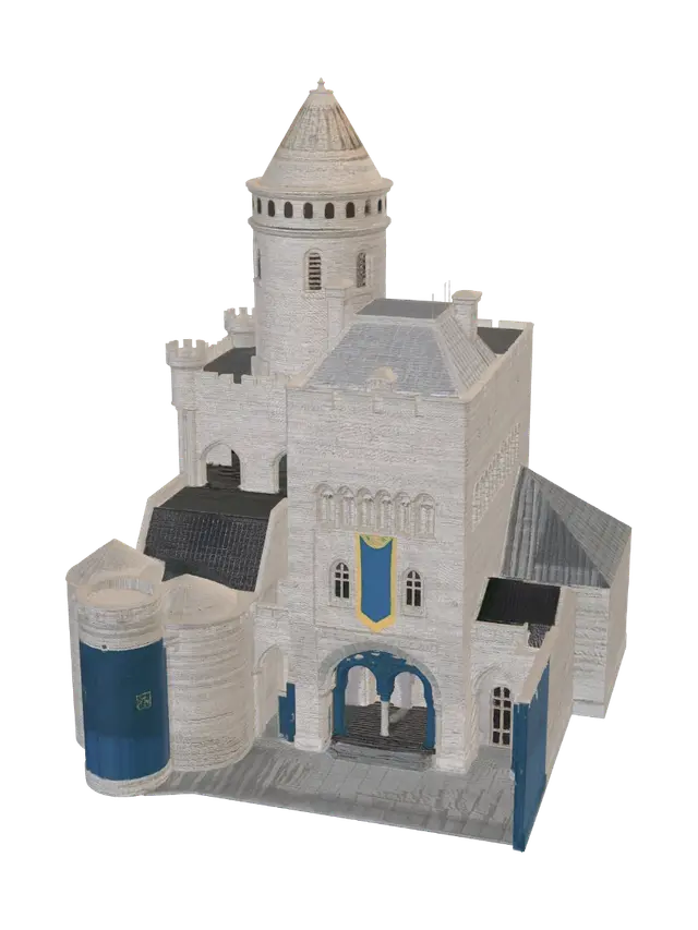 3D-модель qasira,a gray castle with blue manners,inside,with stone bricks, згенерована ШІ